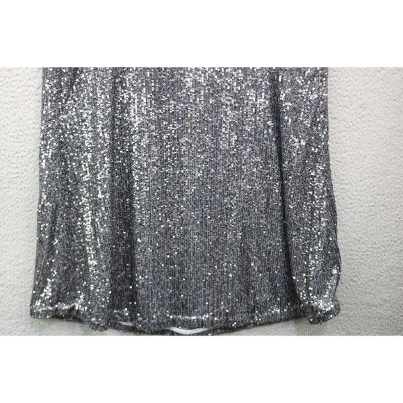 Loft Sleeveless Full Sequin Cutout Back Halter Swing Dress-Size Large-Silver - Picture 9 of 12